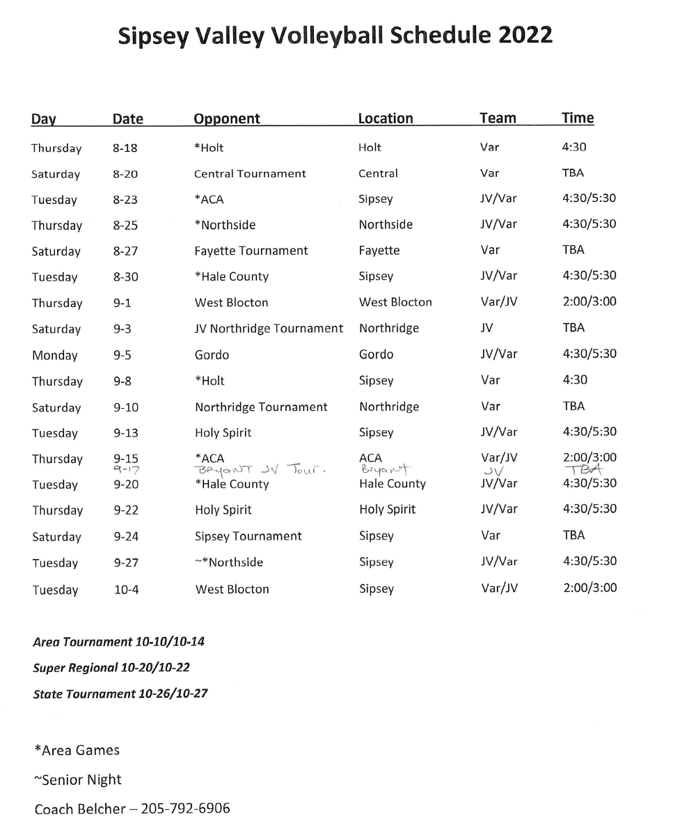2022 SVHS Volleyball Schedule